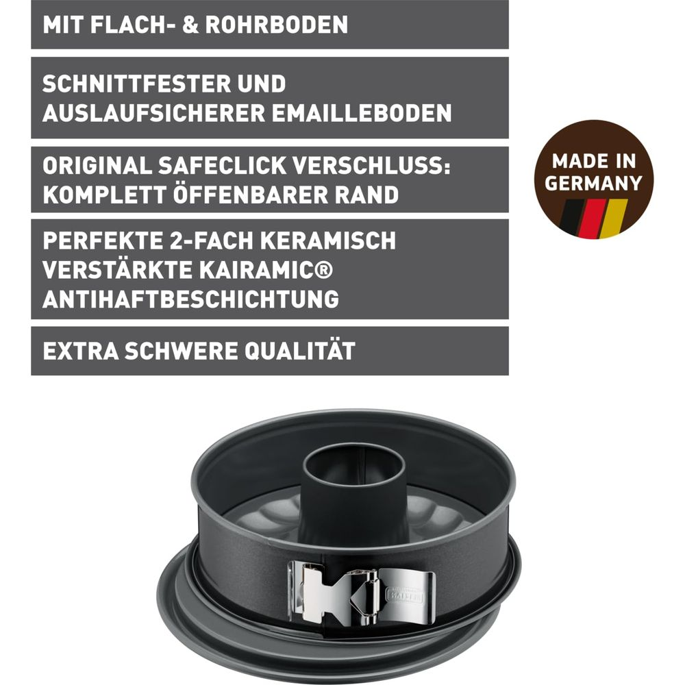 Szara forma do babki z zapięciem na klamrę, naklejka "Made in Germany".