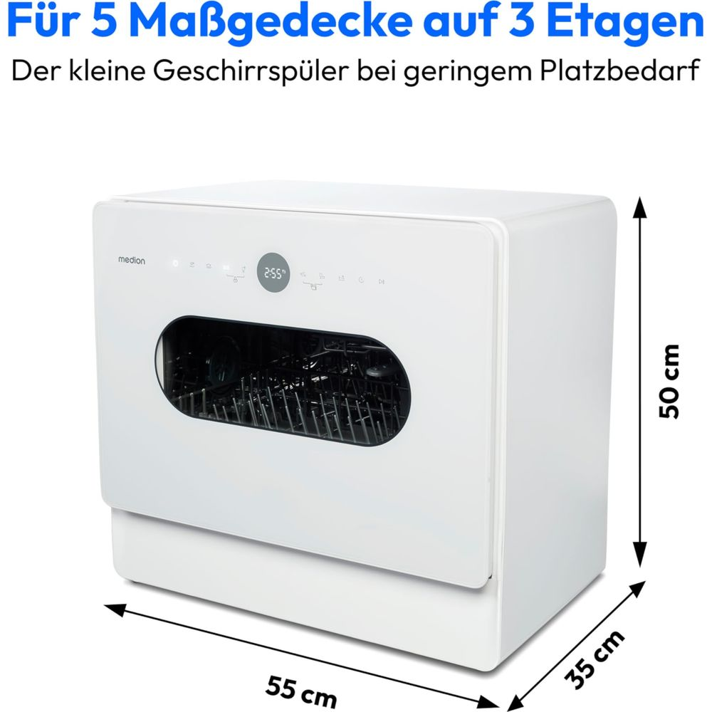 Weiße Medion Spülmaschine mit Sichtfenster, 55x35x50 cm.