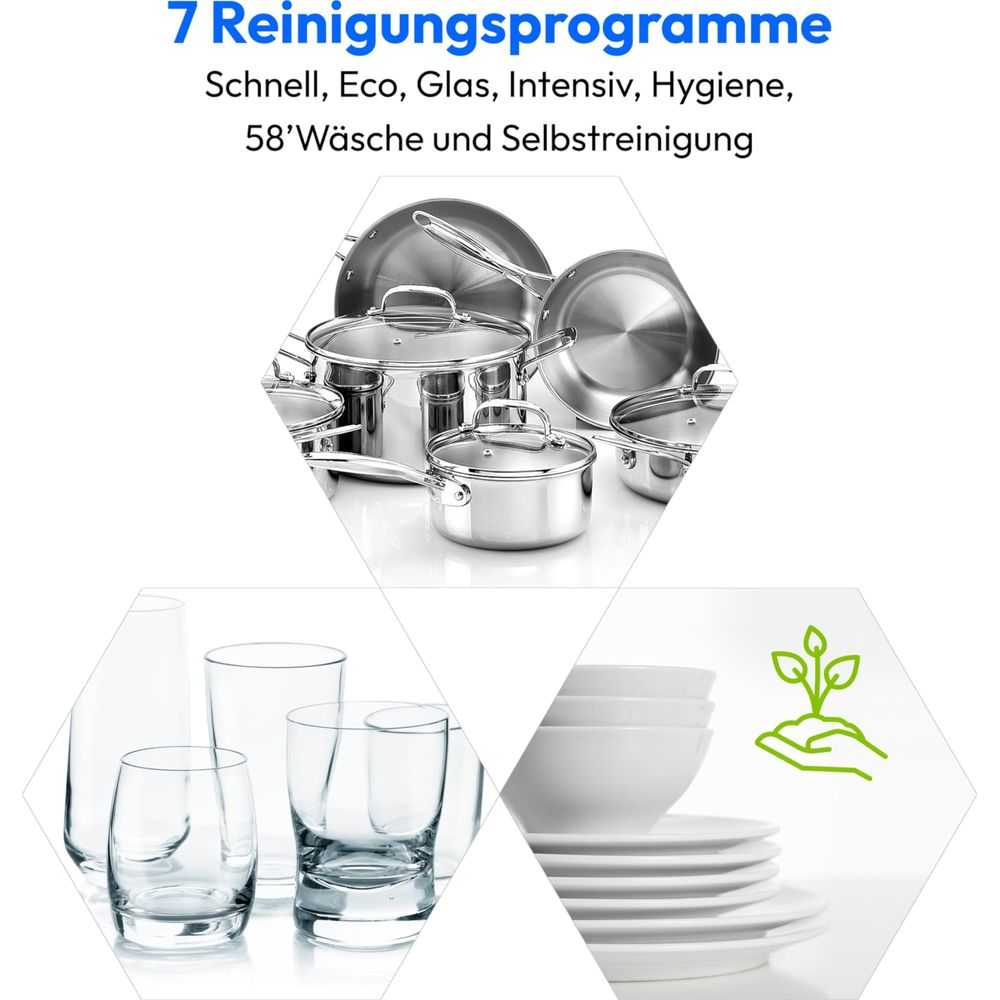 Edelstahlgeschirr, Gläser, Geschirr und ein grünes Pflanzensymbol.