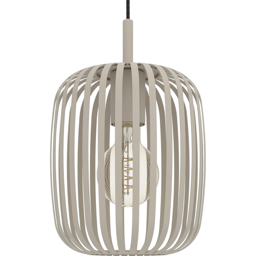 Een grijze hanglamp met verticale staven en zichtbare lamp.