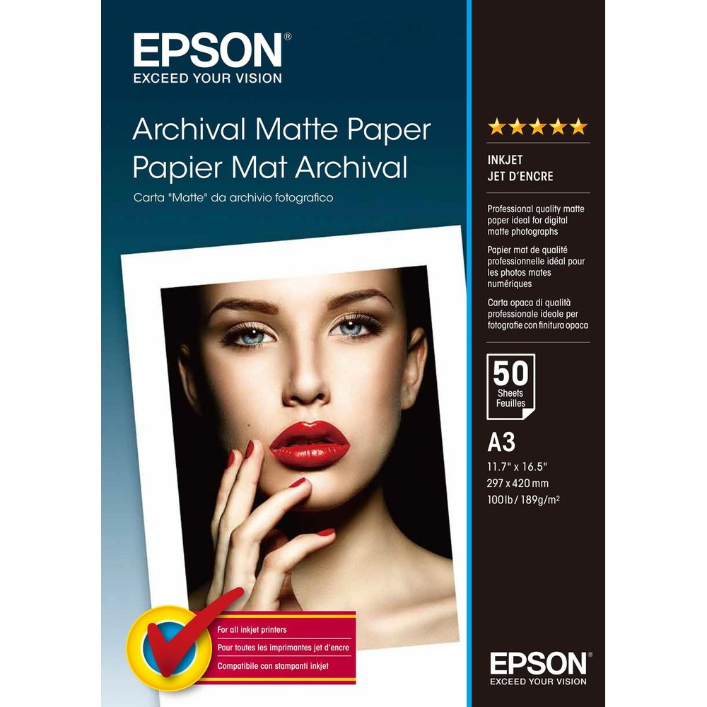 Epson Archival Matte Paper z twarzą kobiety i detalami produktu.