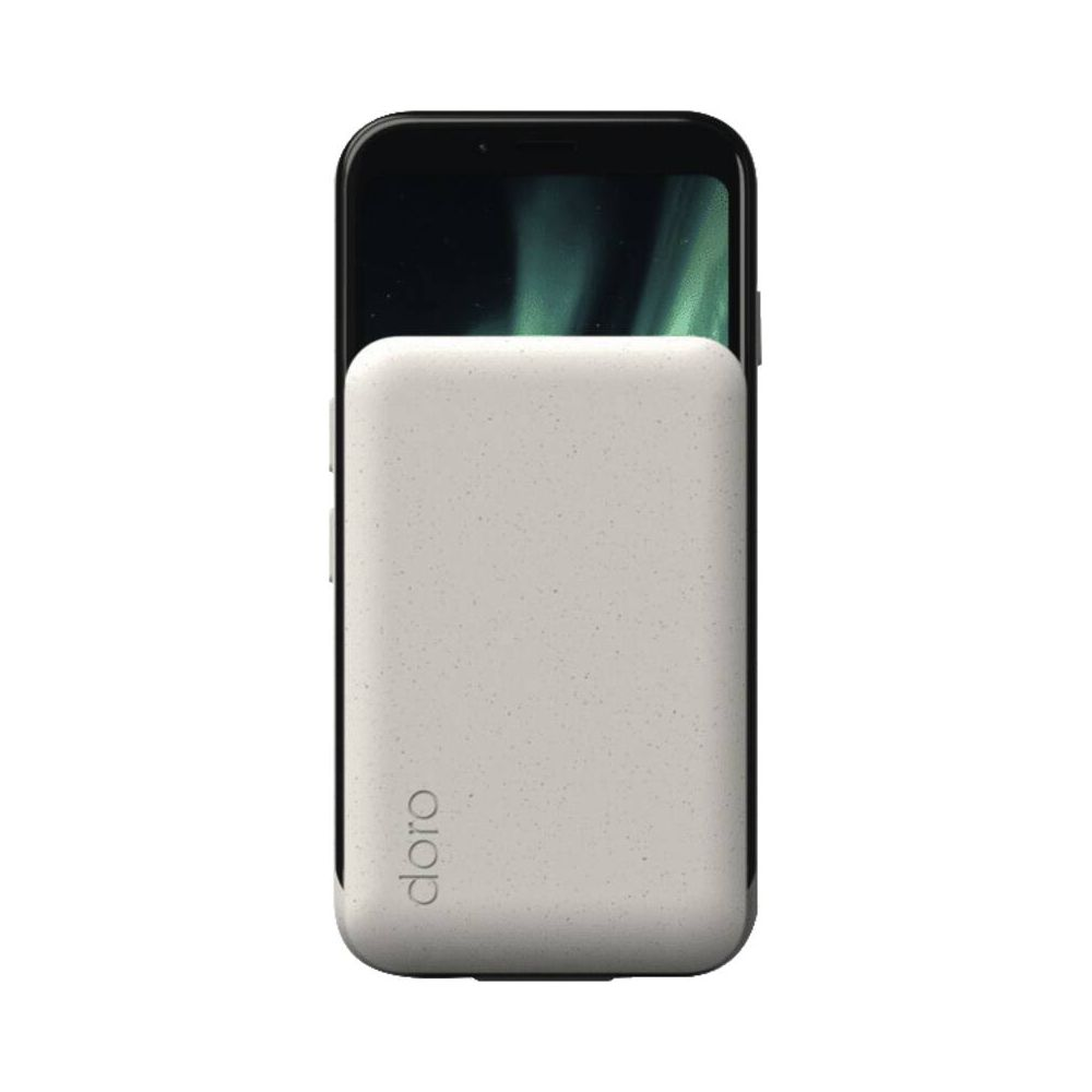 Ein hellgraues Doro-Powerbank-Gerät mit sichtbarem Logo, auf einem Smartphone platziert.