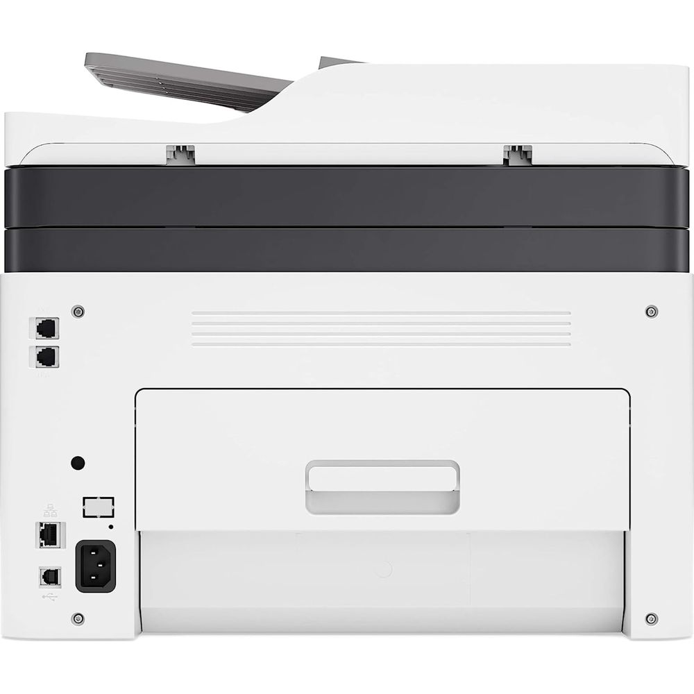 Il retro di una stampante bianca con porte: USB, Ethernet e alimentazione. Coperchio scanner grigio.