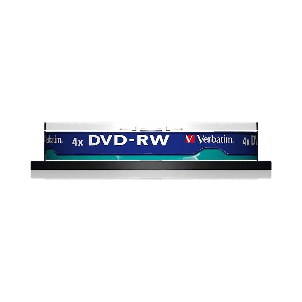 Etui na płyty Verbatim 4x DVD-RW. Etui jest czarne z niebieskimi i zielonymi akcentami.