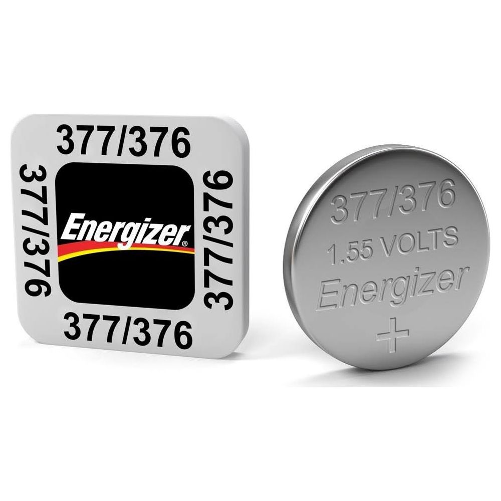 Bateria guzikowa Energizer 377/376 i opakowanie z nadrukiem.
