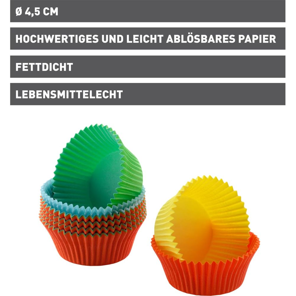 Bunte Muffinförmchen aus Papier, stapelbar, Ø 4,5 cm.
