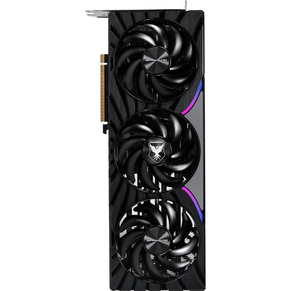 Una scheda grafica nera con tre ventole e illuminazione RGB.