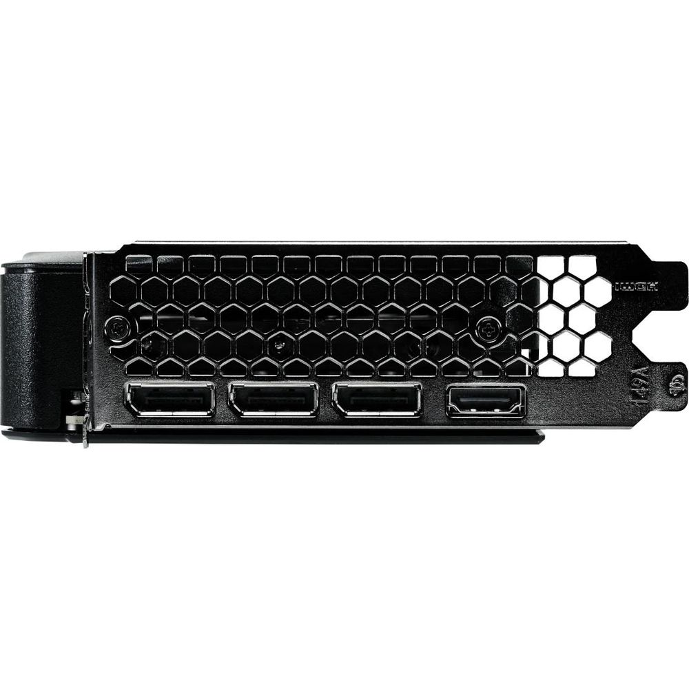 Retro di una scheda grafica con porte: 3x DisplayPort, 1x HDMI, griglia ventilazione.