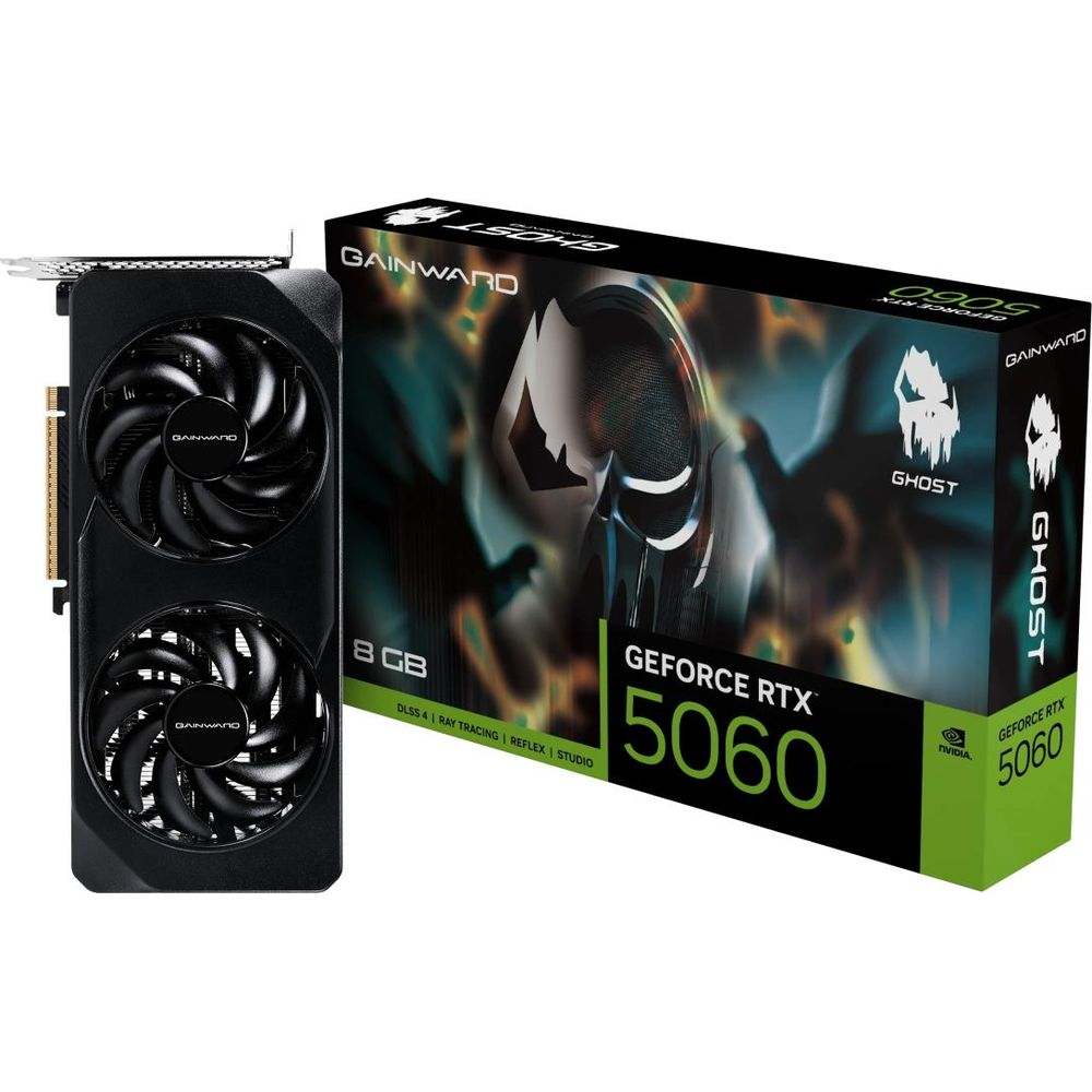 Scheda grafica Gainward RTX 5060 e scatola con motivo fantasma.