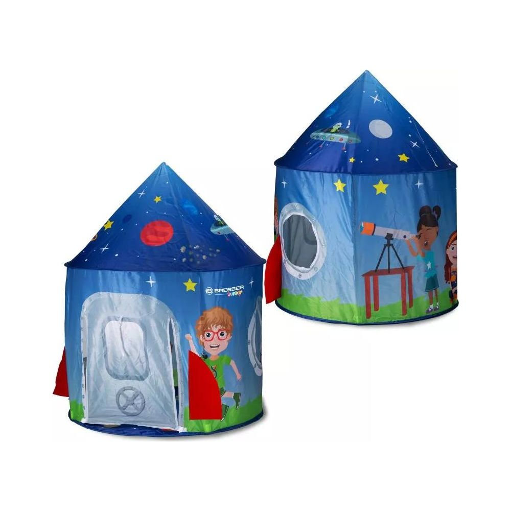 Due tende da gioco a forma di razzo a tema spaziale con bambini che osservano le stelle.
