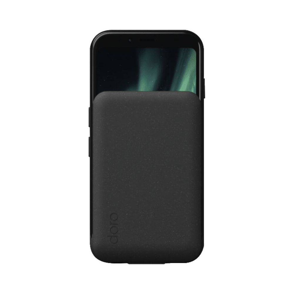 Uno smartphone nero con una custodia nera che copre parzialmente lo schermo.