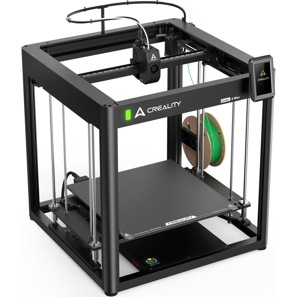 Stampante 3D Creality Ender-5 Max nera con bobina filamento verde e touchscreen.