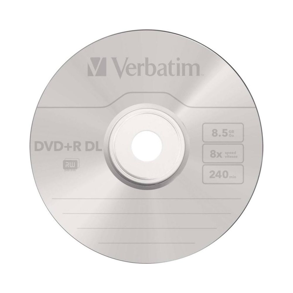 Srebrny dysk Verbatim DVD+R DL o pojemności 8.5 GB.