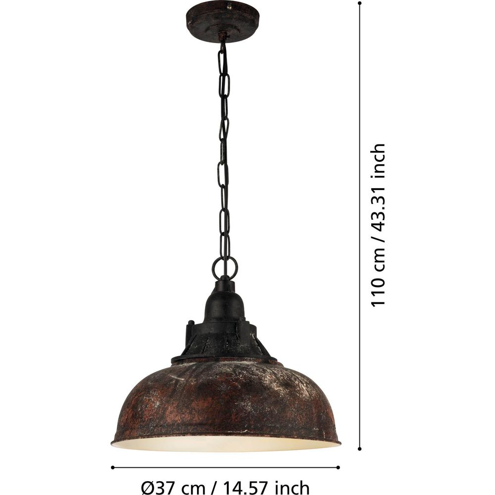 Lampada a sospensione arrugginita con catena nera. Misure indicate.