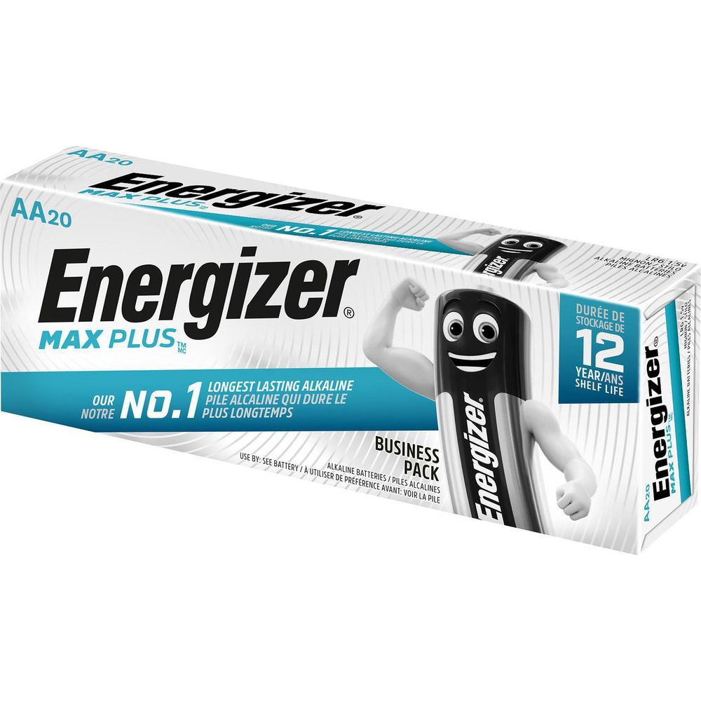 Energizer AA Max Plus opakowanie biznesowe z postacią baterii z kreskówki.