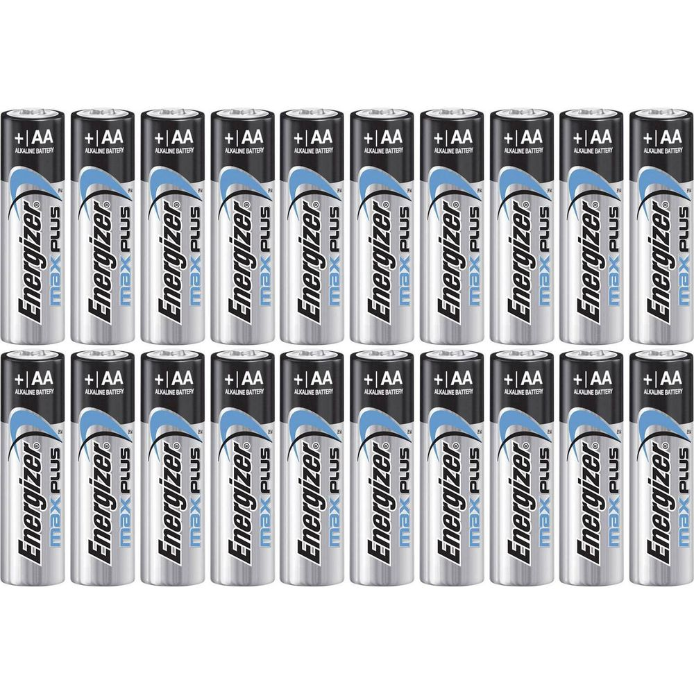 20 srebrnych baterii AA Energizer Max Plus z niebieskim logo.