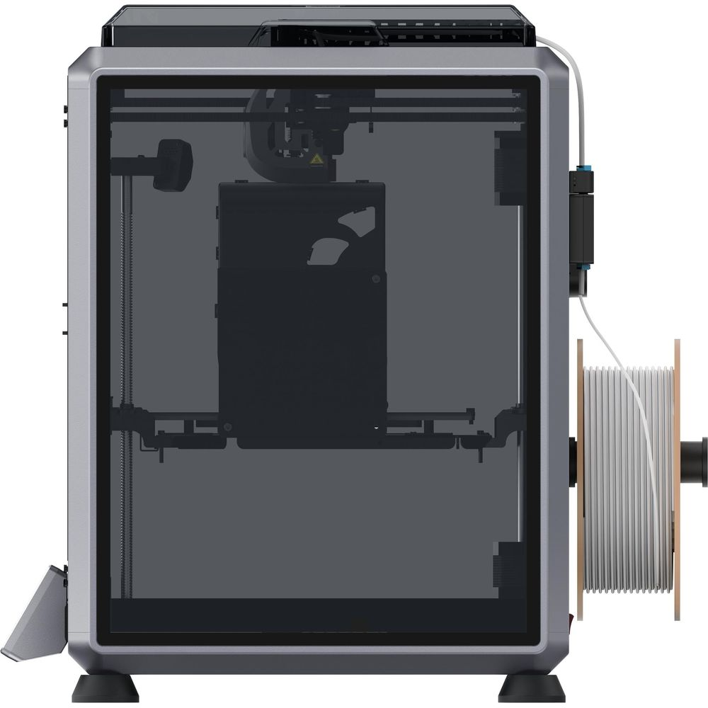 Stampante 3D con involucro trasparente e bobina filamento.