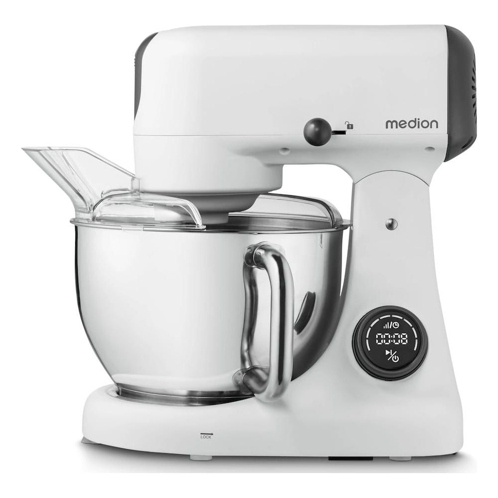 Eine weiße Medion-Küchenmaschine mit silberner Schüssel und digitaler Anzeige.