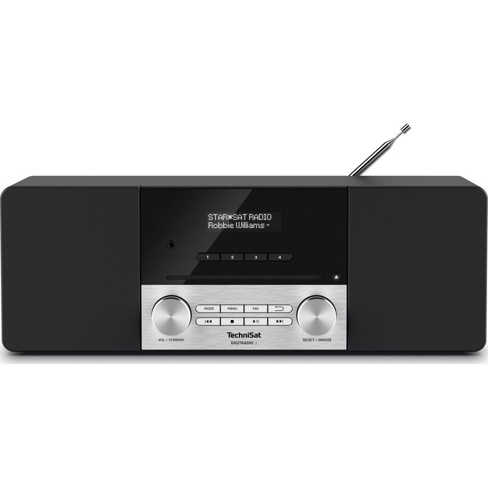 Czarny TechniSat Digiradio 3 ze srebrnymi przyciskami i anteną.