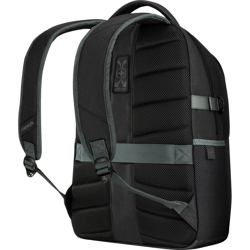 Ein schwarzer Rucksack mit grauen Trägern und Akzenten. Zeigt das Wenger-Logo und "Airflow".