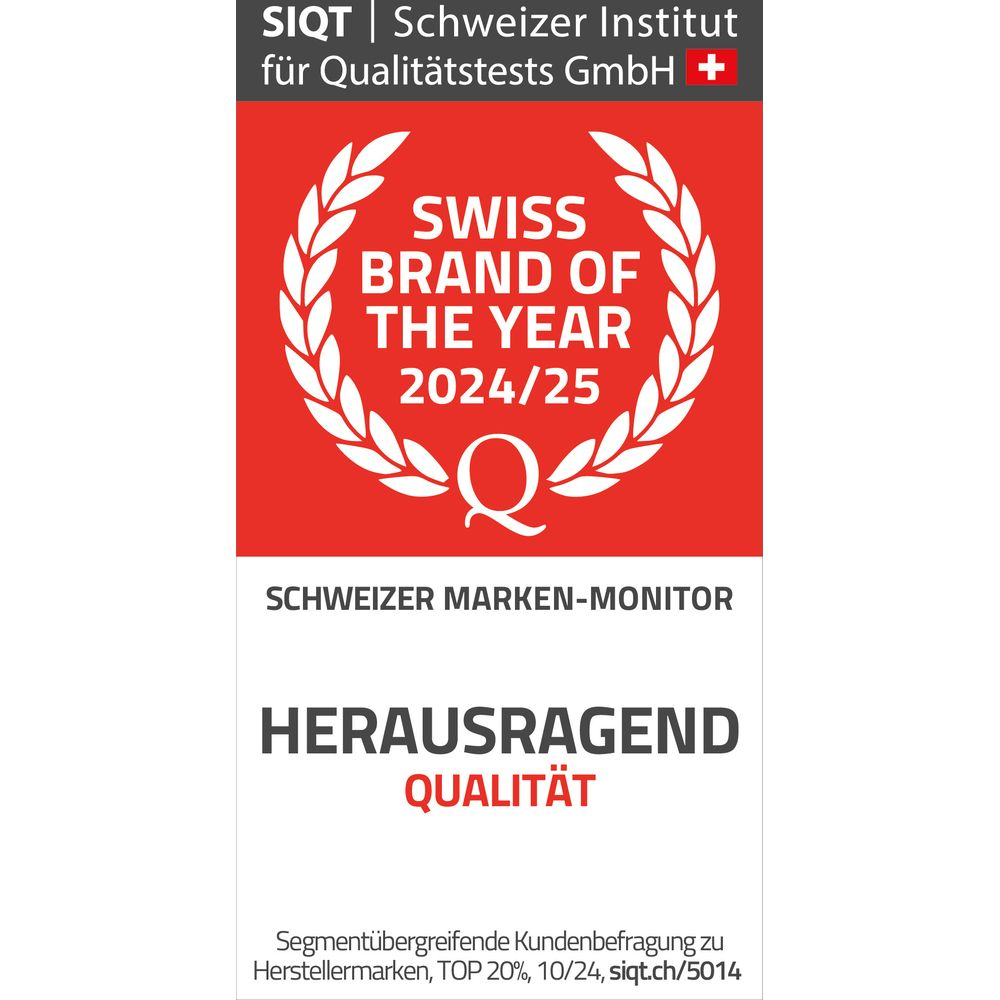 Auszeichnung 'Swiss Brand of the Year 2024/25' für herausragende Qualität.