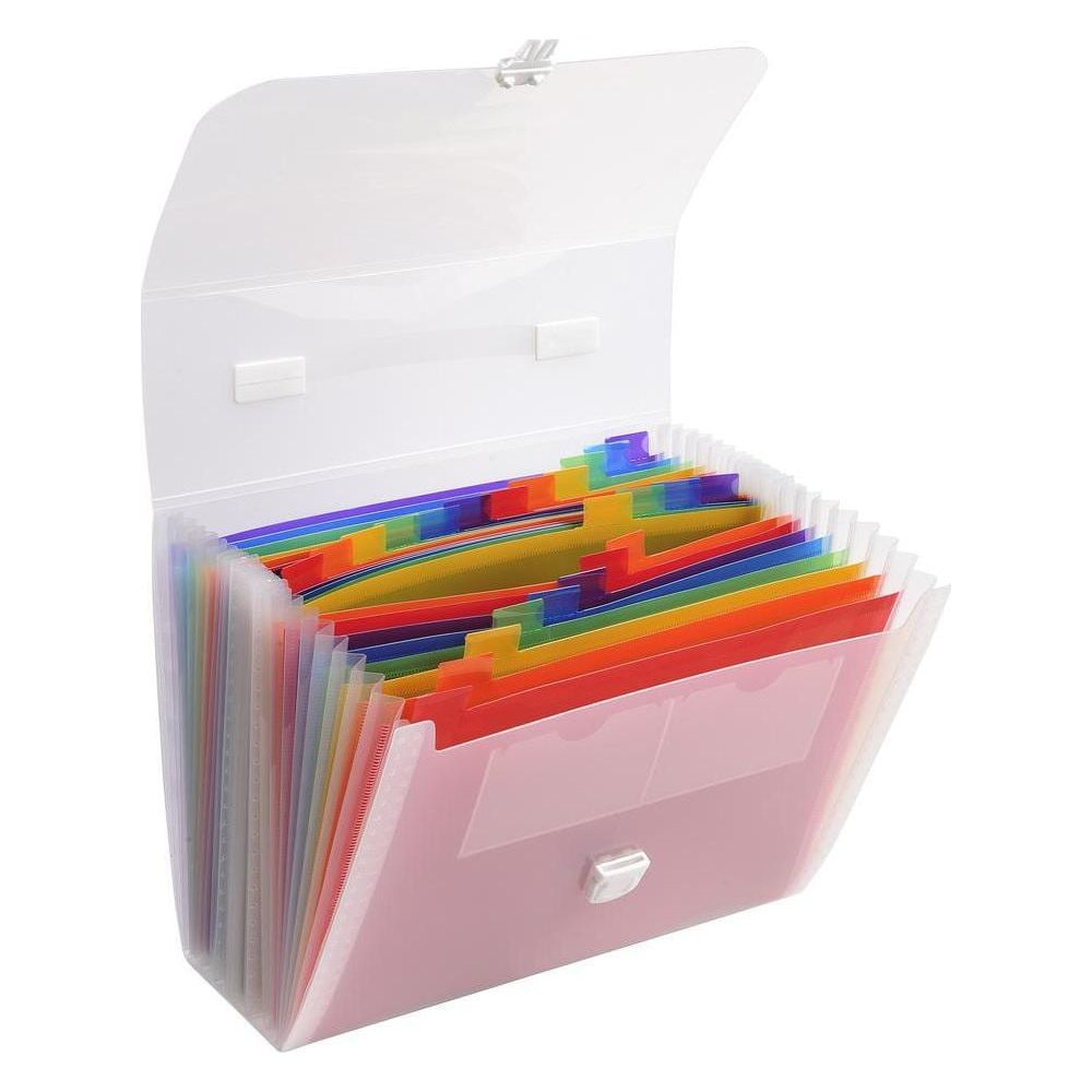Otwarta, wielokolorowa teczka akordeonowa z wieloma kolorowymi przekładkami.