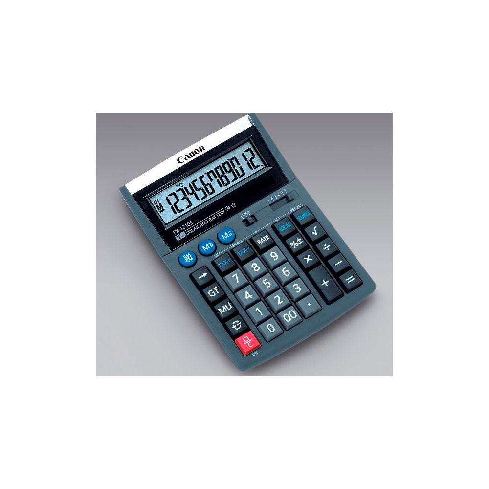 Szary kalkulator Canon z dużym wyświetlaczem i przyciskami.