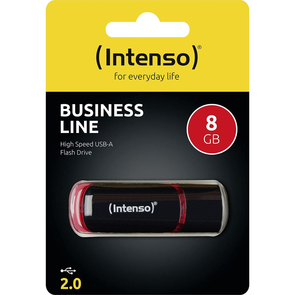 Pen drive Intenso 8GB Business Line con anello rosso su sfondo nero.