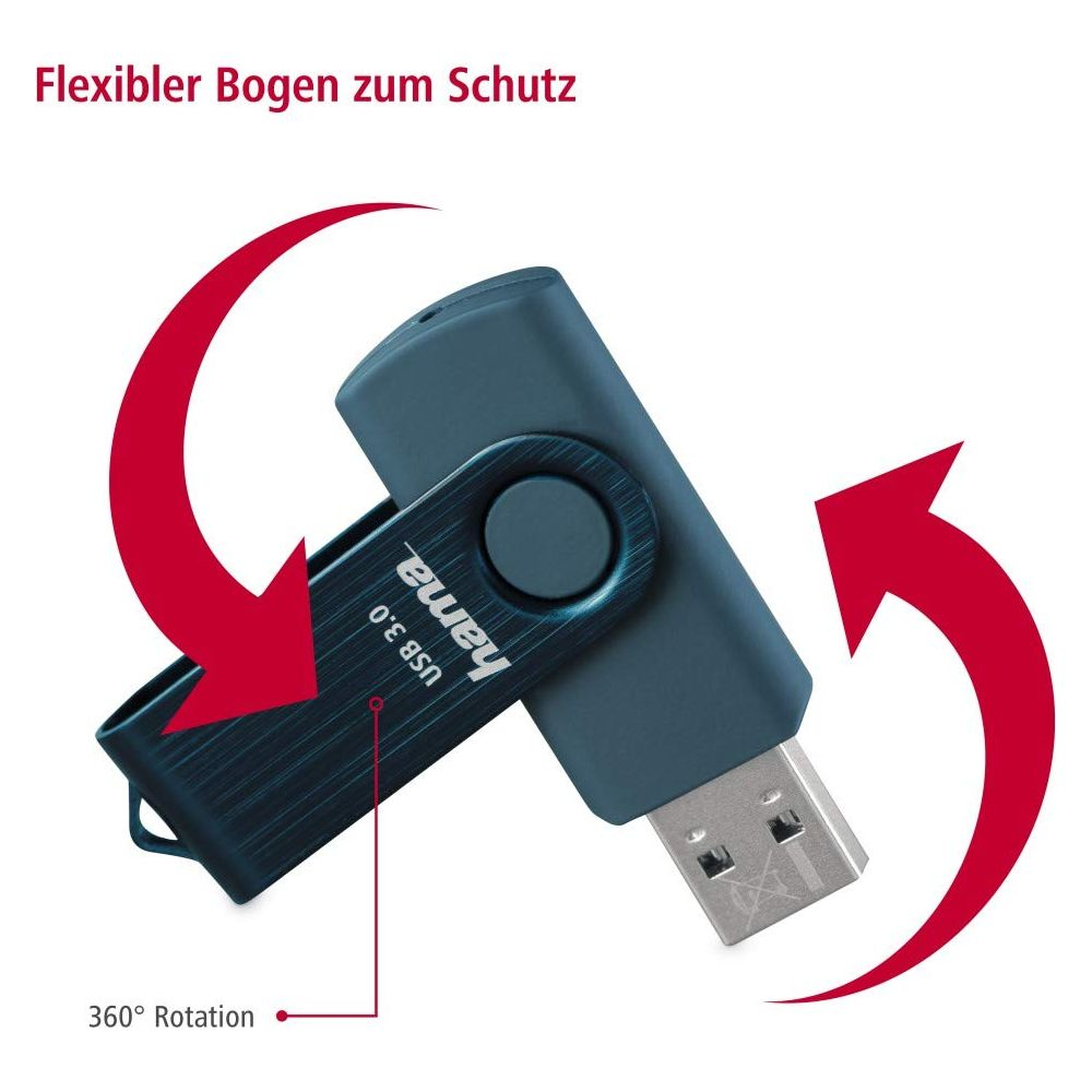 Niebieski pendrive z obrotową nasadką. Czerwone strzałki wskazują obrót o 360 stopni.