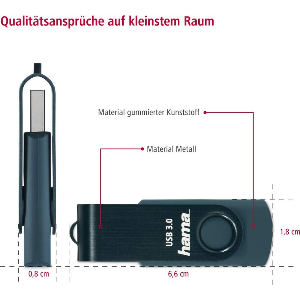 Trzy widoki pendrive'a z wymiarami i detalami materiałowymi.