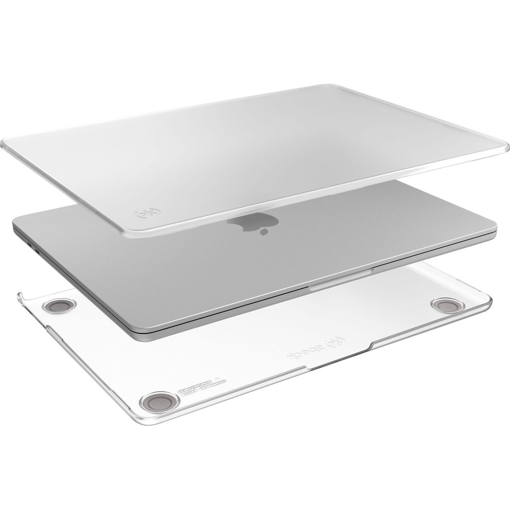 Un ordinateur portable argenté avec un étui transparent au-dessus et en dessous.