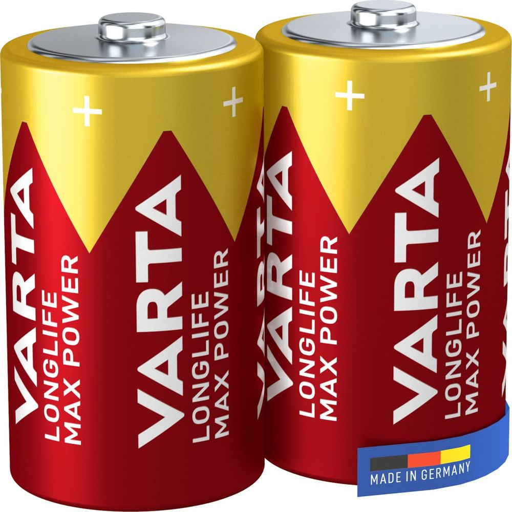 Due batterie Varta con involucro rosso e giallo, etichettate "Made in Germany".