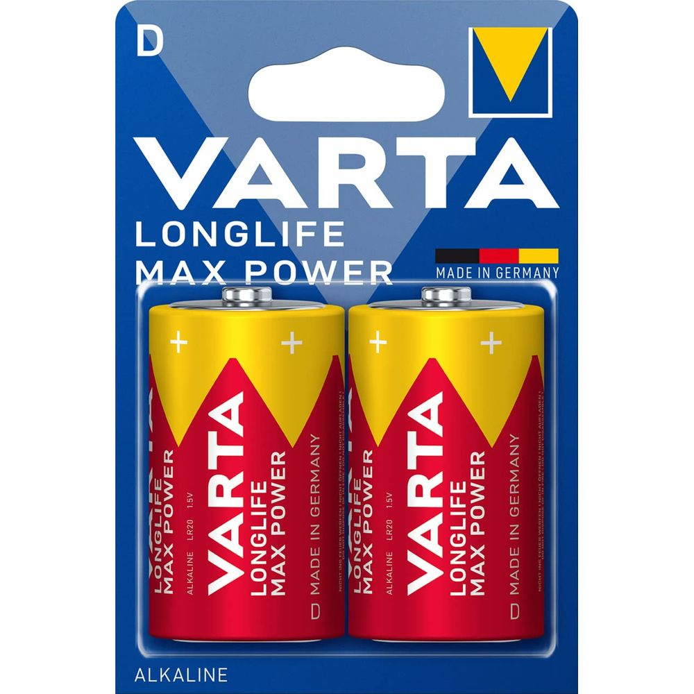Due batterie Varta Longlife Max Power D in blister, gialle e rosse.