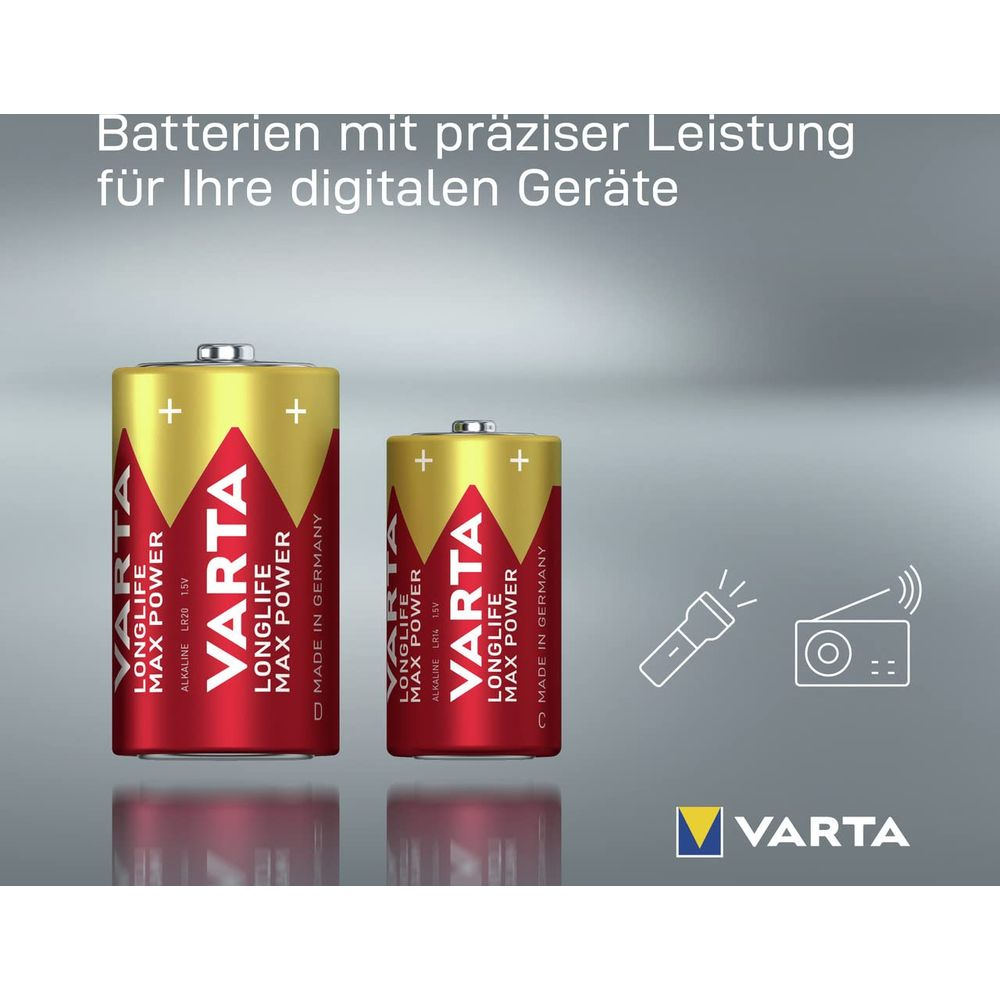 Due batterie Varta, una più grande e una più piccola, con accenti rossi e dorati.