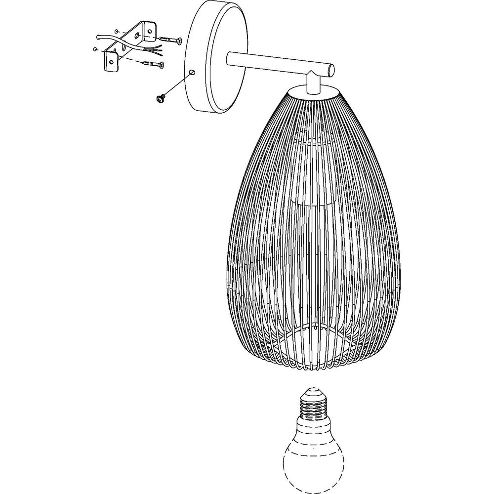 Lampada da parete con paralume in filo e lampadina, accessori di montaggio.