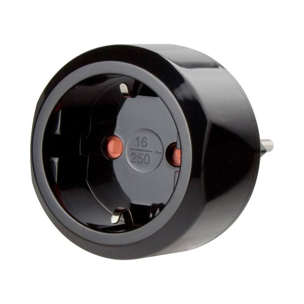 Spina nera con marchi 16A 250V e contatti rotondi.