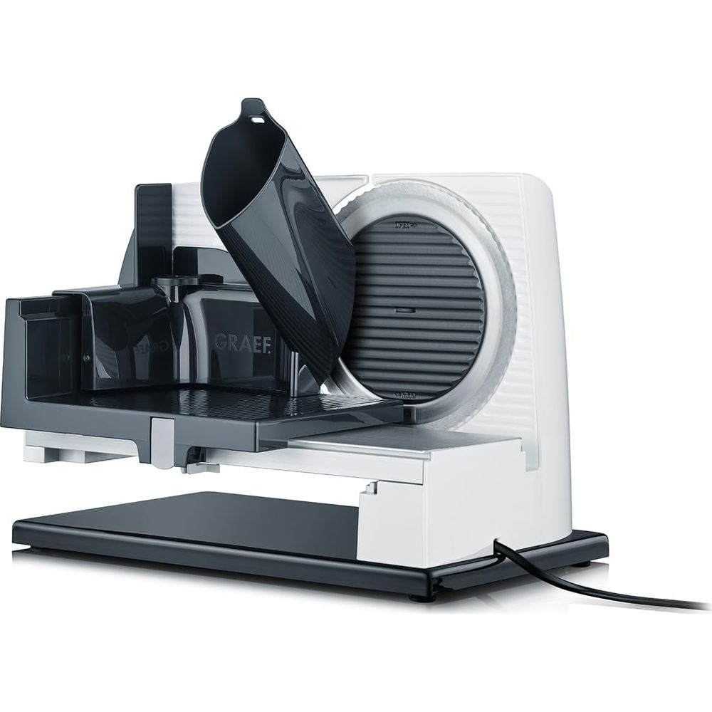 Biała elektryczna krajalnica z szarymi akcentami i osłoną ostrza.