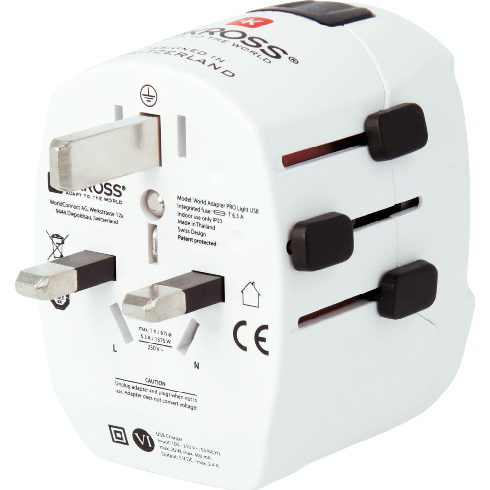 Un adattatore mondiale bianco con pin retrattili e una porta USB.