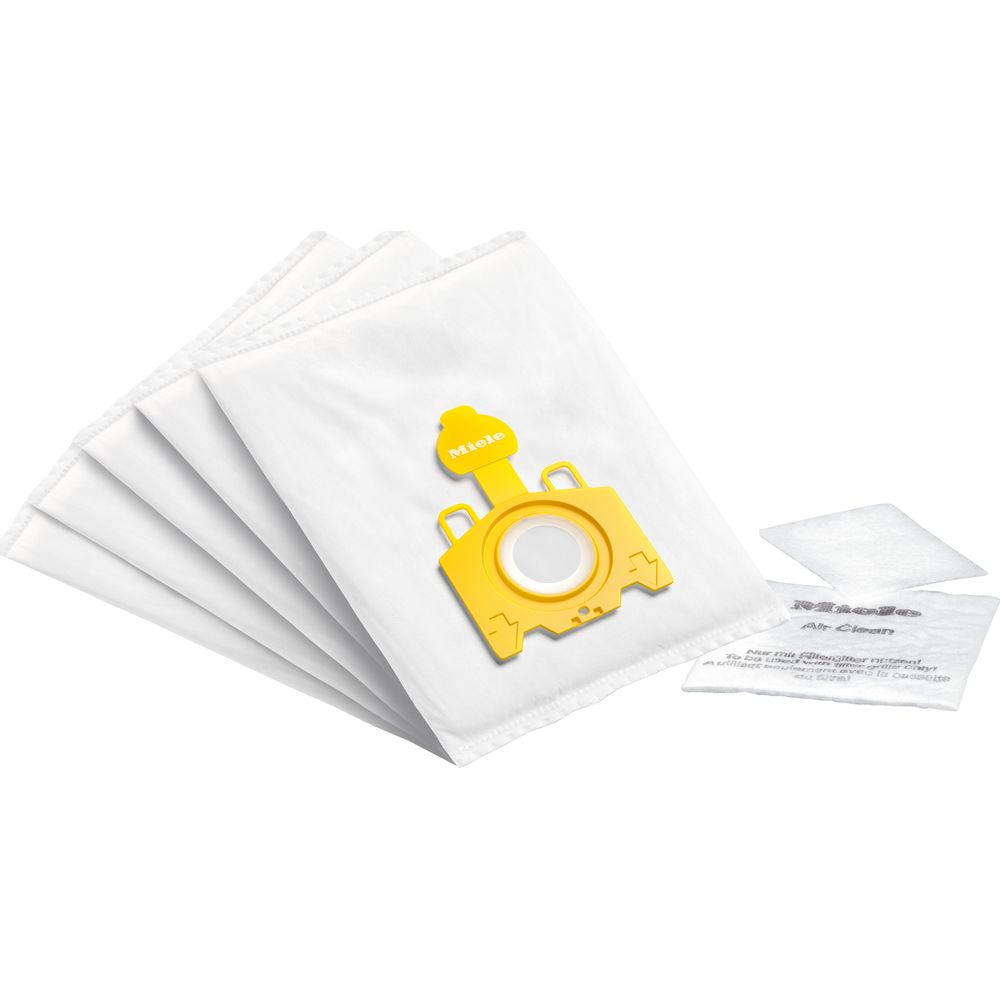 Stos białych worków do odkurzacza Miele z żółtym złączem i dwoma filtrami.