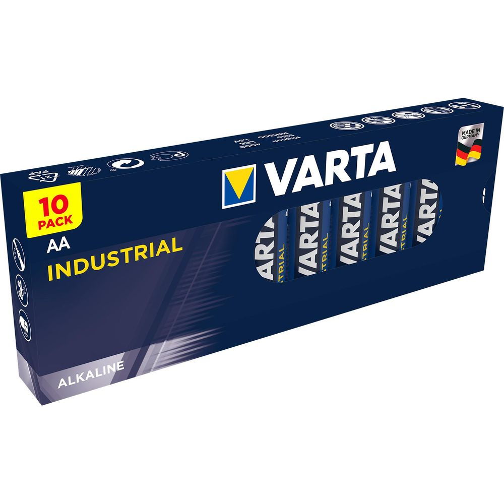 Baterie Varta AA Alkaline Industrial, opakowanie 10 szt., Made in Germany.