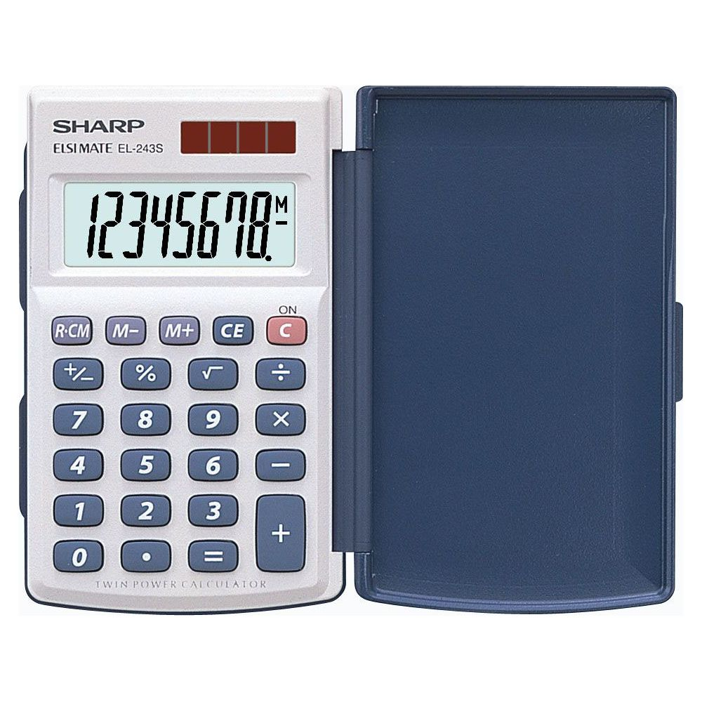 Biały kalkulator Sharp EL-243S z otwartą niebieską osłoną po prawej. Wyświetlacz pokazuje 12345678.
