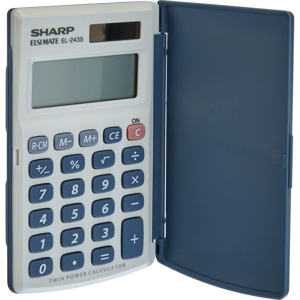 Biały kalkulator Sharp Elsimate EL-243S z niebieską okładką. Przyciski są niebieskie.