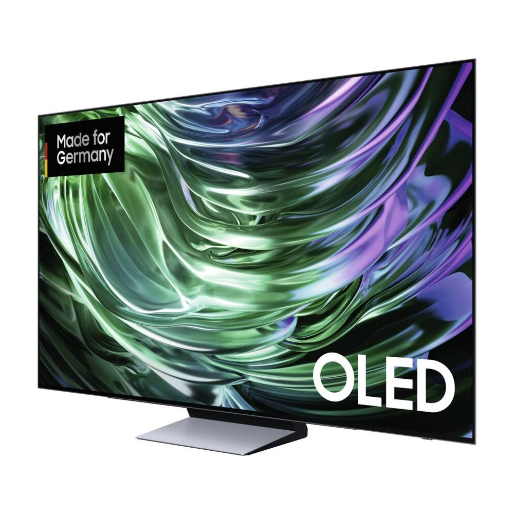 TV OLED moderne avec pied argenté et motif abstrait sur l'écran.