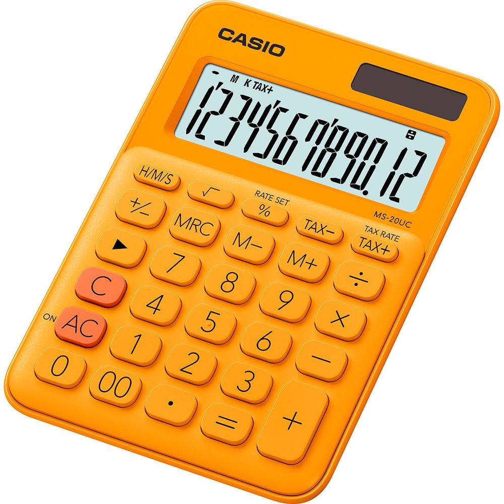 Pomarańczowy kalkulator Casio z dużym wyświetlaczem i wieloma przyciskami.
