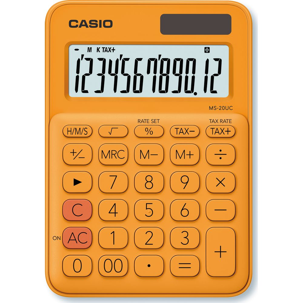 Pomarańczowy kalkulator Casio wyświetlający cyfry i przyciski na białym tle.