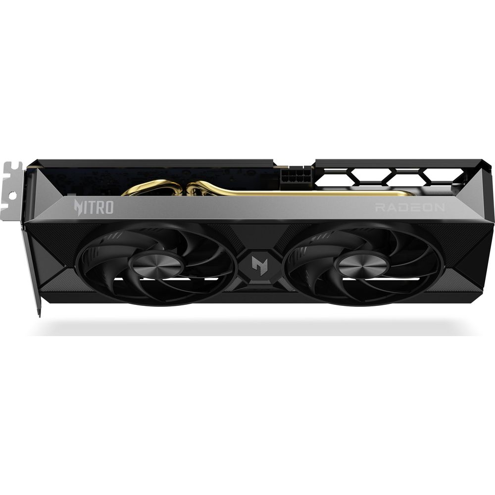 Karta graficzna z dwoma wentylatorami, oznaczeniem Nitro i Radeon.