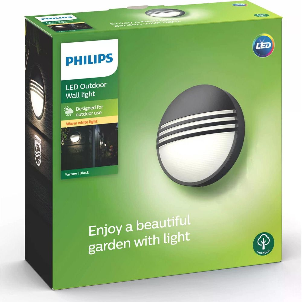 Philips LED Außenwandleuchte Verpackung. Zeigt eine graue und weiße Leuchte.