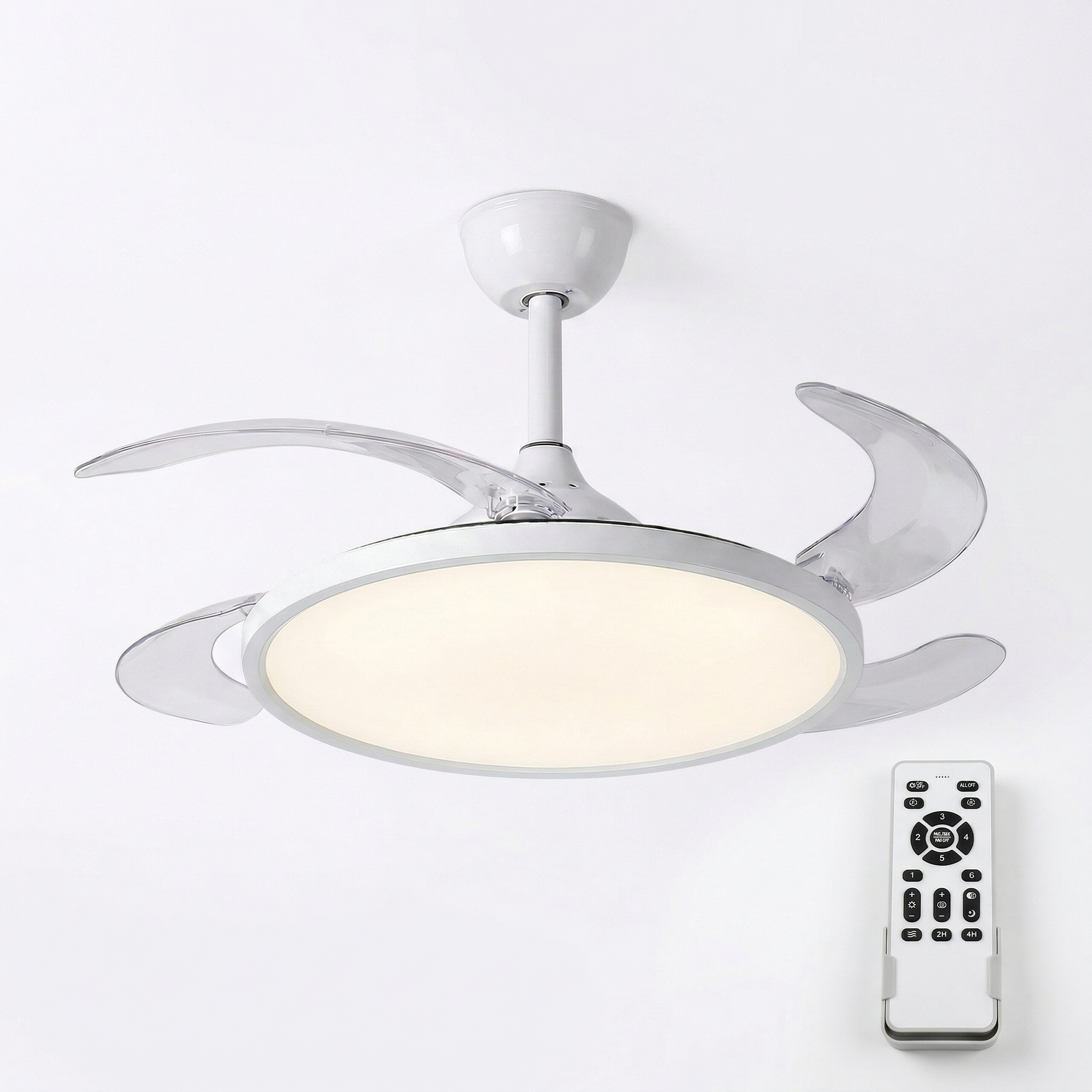 Un ventilador de techo blanco con luz integrada y mando a distancia.