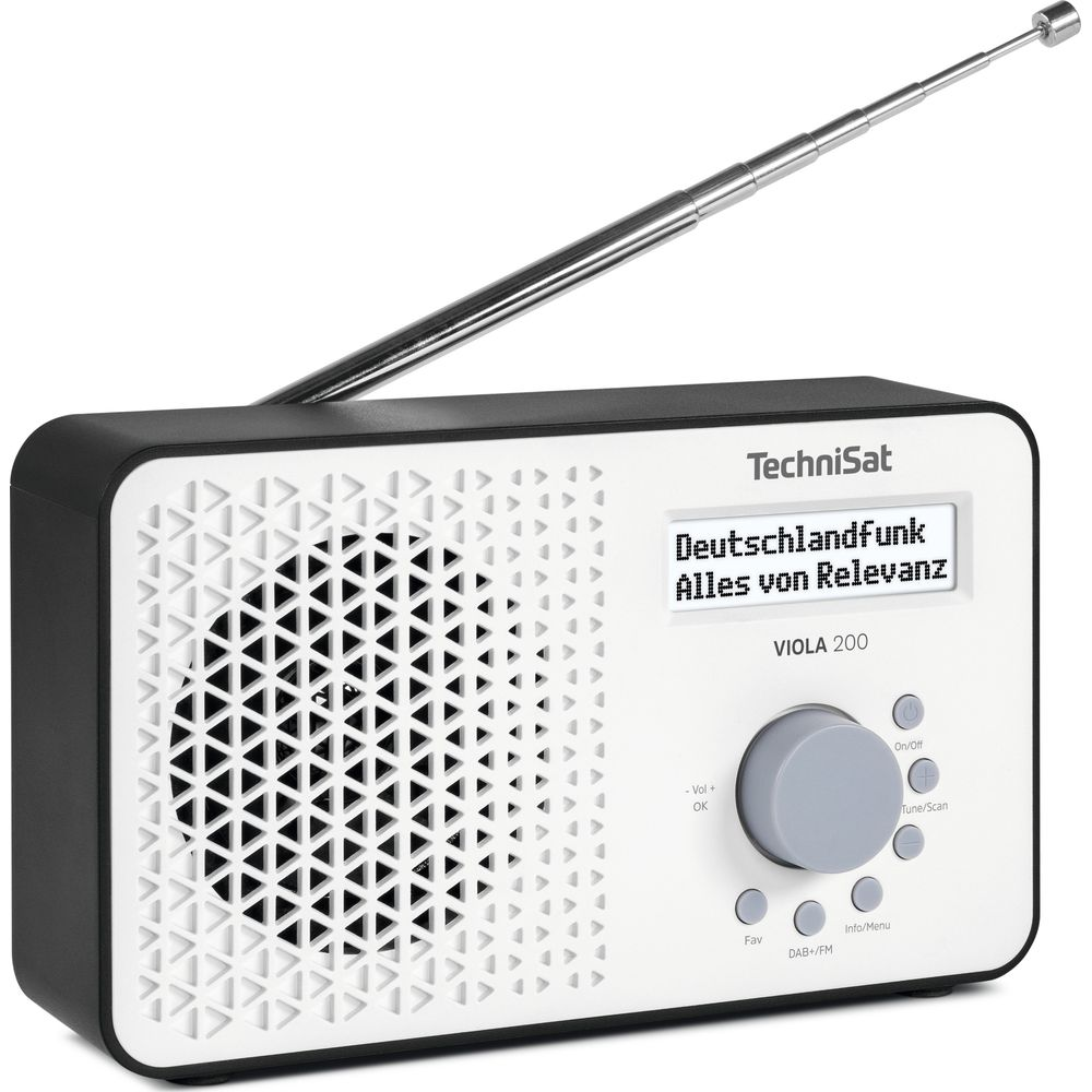A black and white TechniSat VIOLA 200 radio with its antenna extended.