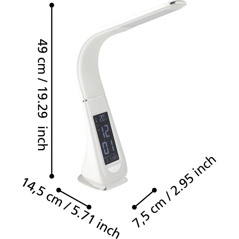Weiße Schreibtischlampe mit digitaler Anzeige, Maße sind angegeben.